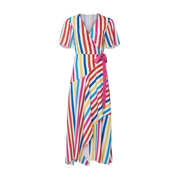 Color Me Courtney Taira Multicolor Striped Short Sleeve Wrap Midi Dress Size S - Picture 5 of 15